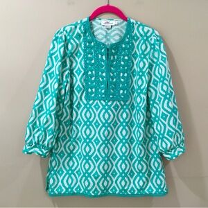 Vineyard Vines Women's Tunic Blouse Top Crochet Embroidered Green White Size S